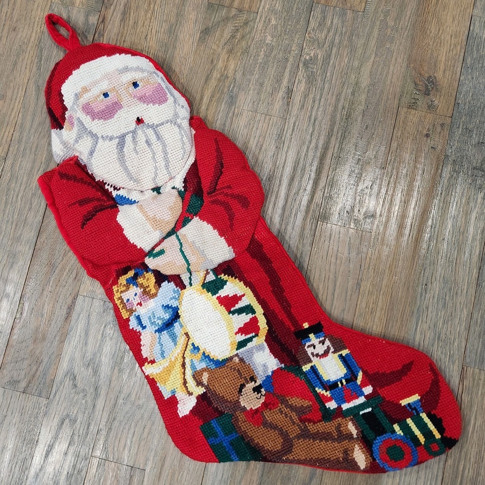 VTG Needlepoint Christmas Full Size Stocking Santa Toys‎ Nutcracker Drum Train